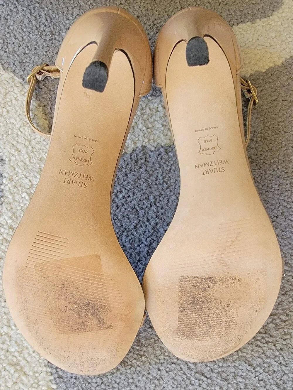 Stuart Weitzman Beige Patent Leather Ankle-Strap Heels Nudist II 8M - Picture 8 of 9